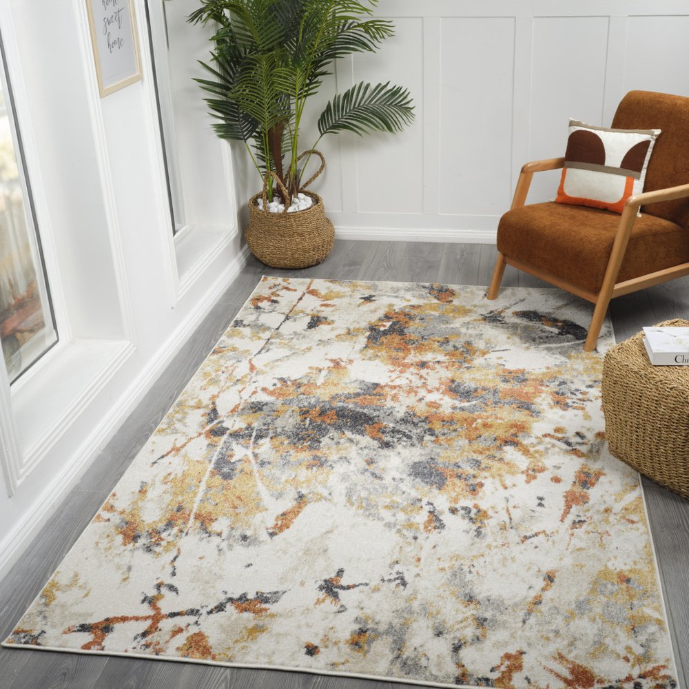 9' X 12' Ivory Orange And Gray Abstract Area Rug