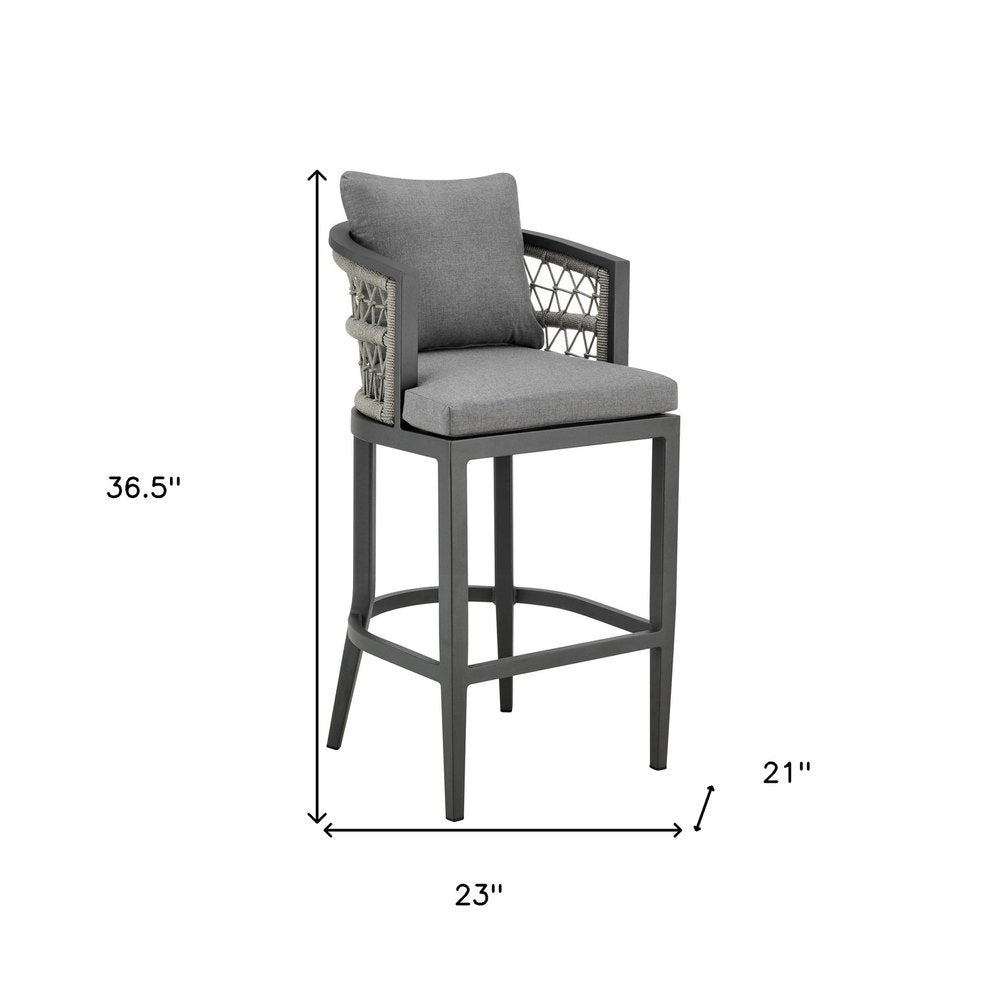 Silla de bar de exterior de metal gris de 37" con reposapiés y altura de mostrador