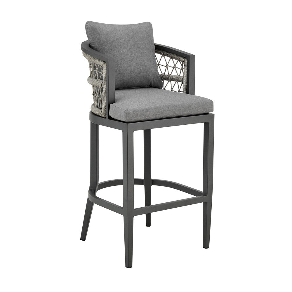Silla de bar de exterior de metal gris de 37" con reposapiés y altura de mostrador