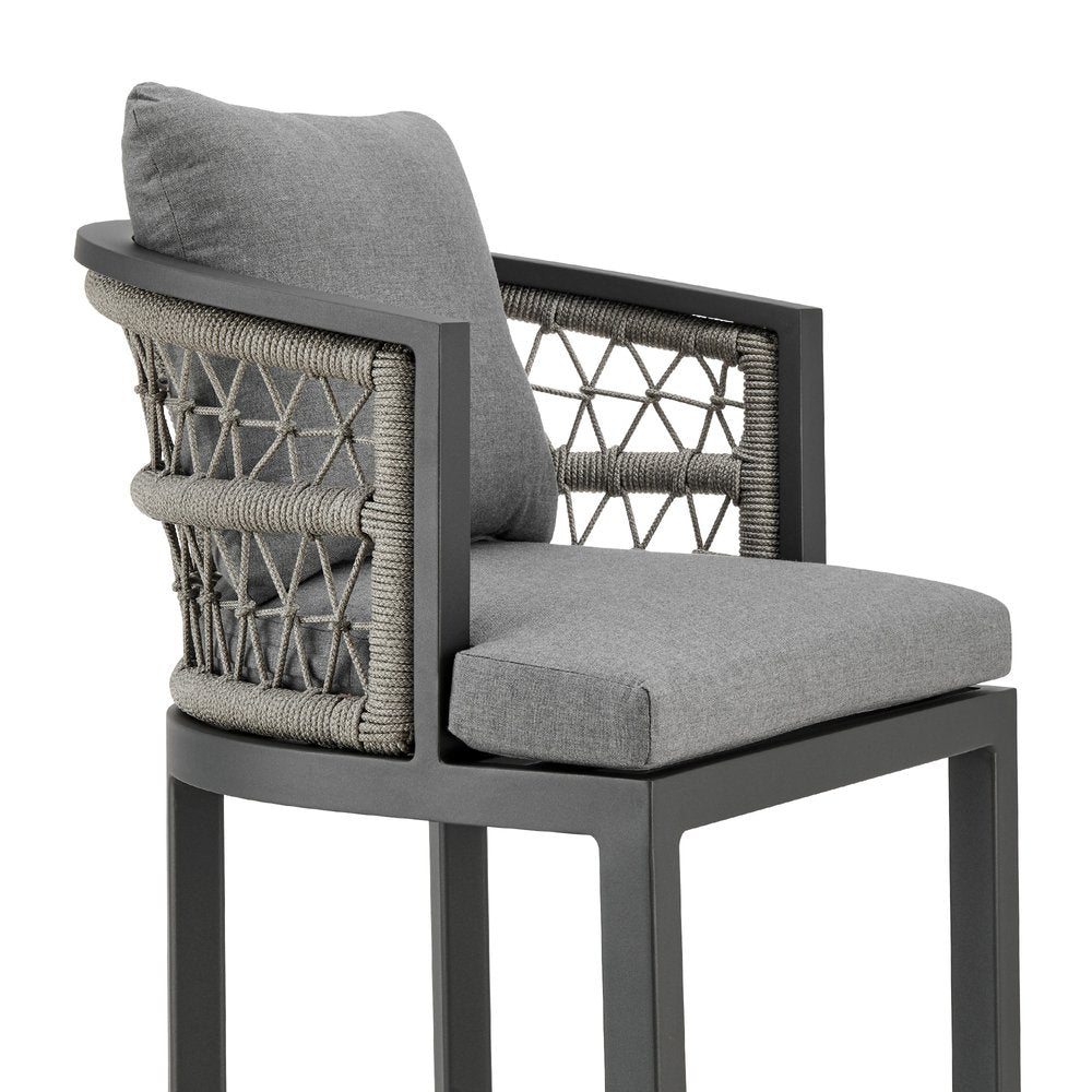 Silla de bar de exterior de metal gris de 37" con reposapiés y altura de mostrador