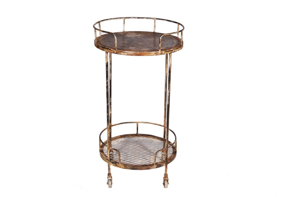 18" Brown Iron Distressed Round Rolling Bar Cart