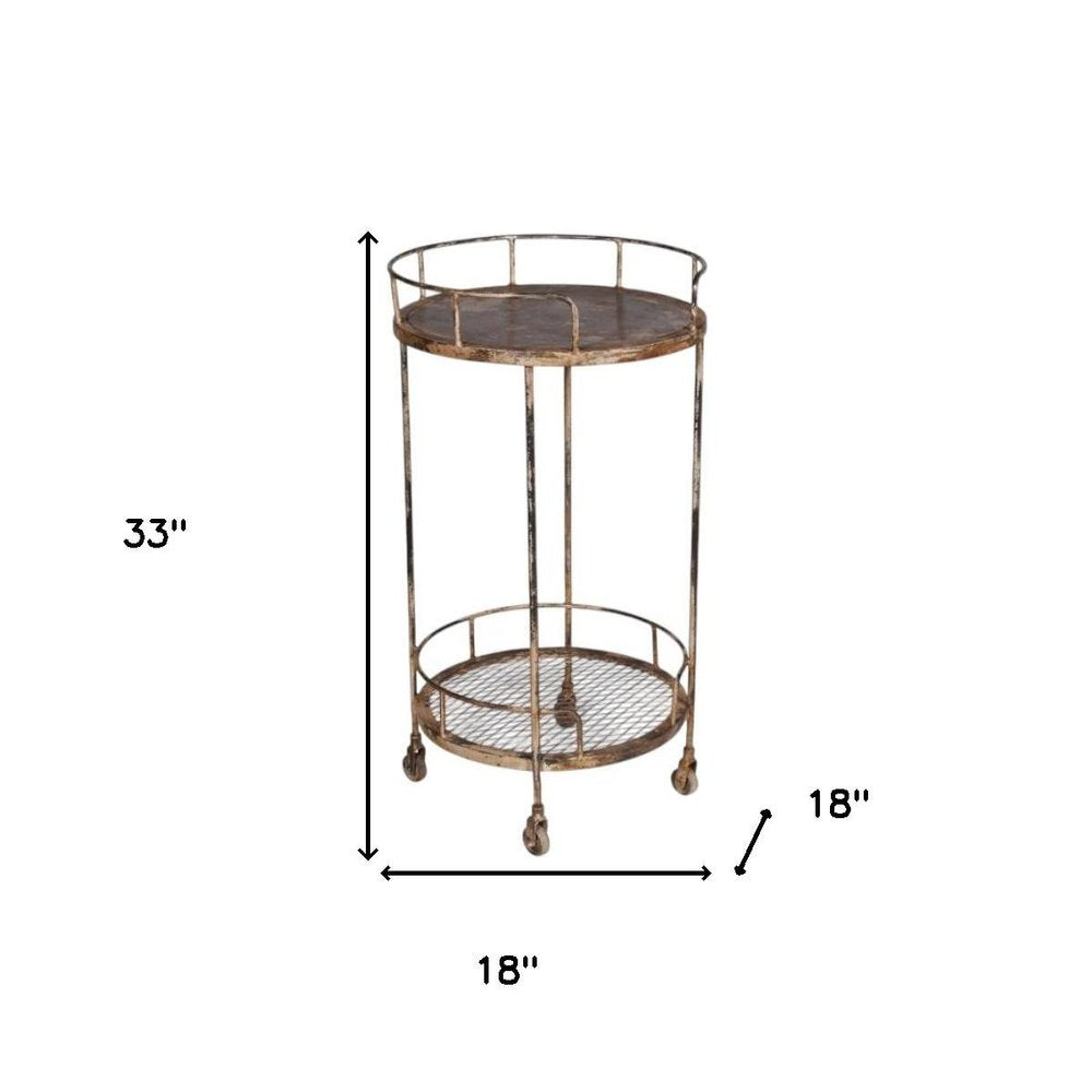 18" Brown Iron Distressed Round Rolling Bar Cart