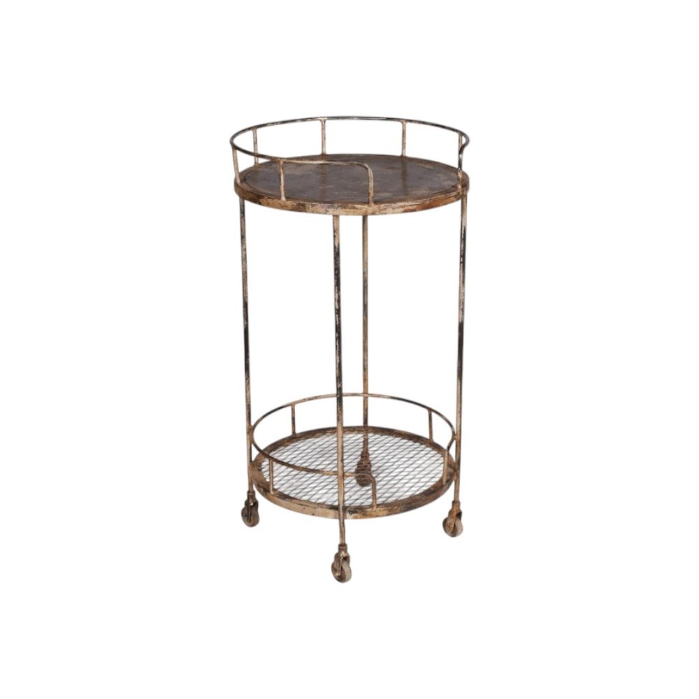 18" Brown Iron Distressed Round Rolling Bar Cart