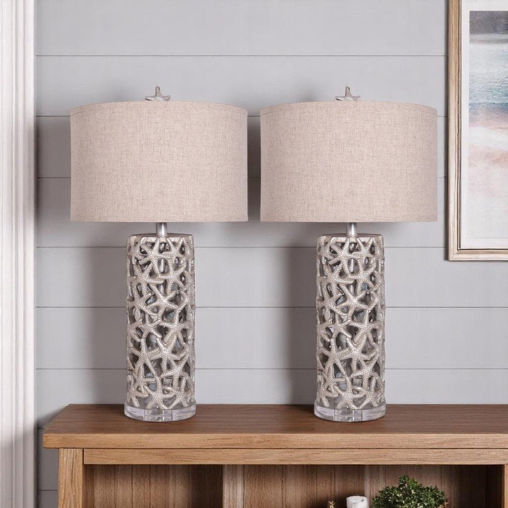 Set of Two 30" Silver Coastal Starfish Table Lamps With Beige Drum Shades
