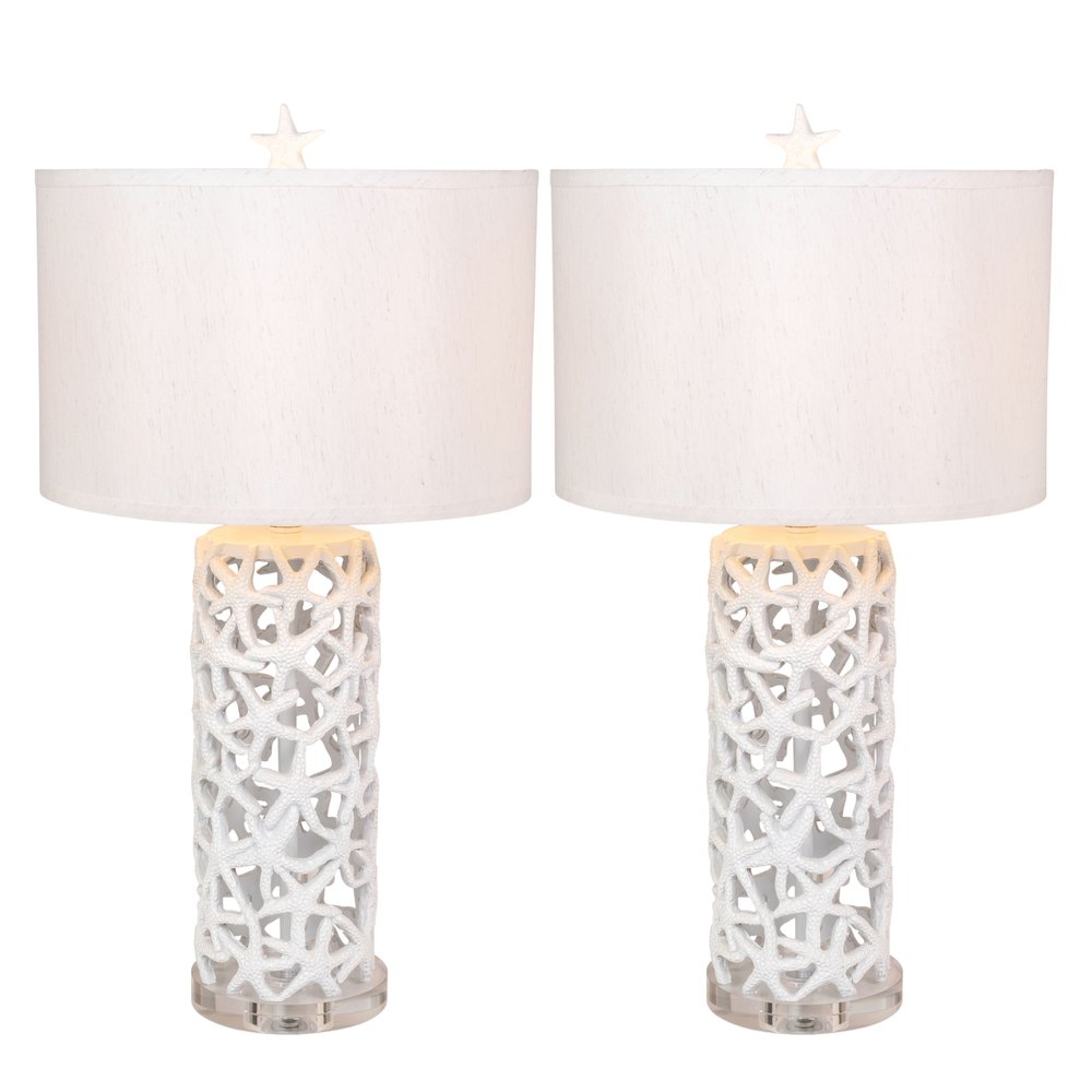 Set of Two 30" White Coastal Starfish Table Lamps With White Drum Shades