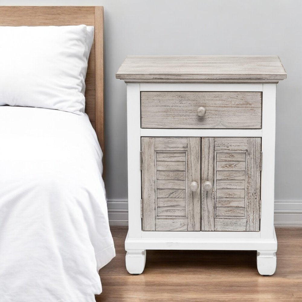 Mesita de noche de madera maciza blanca y gris de 28" con un cajón y USB