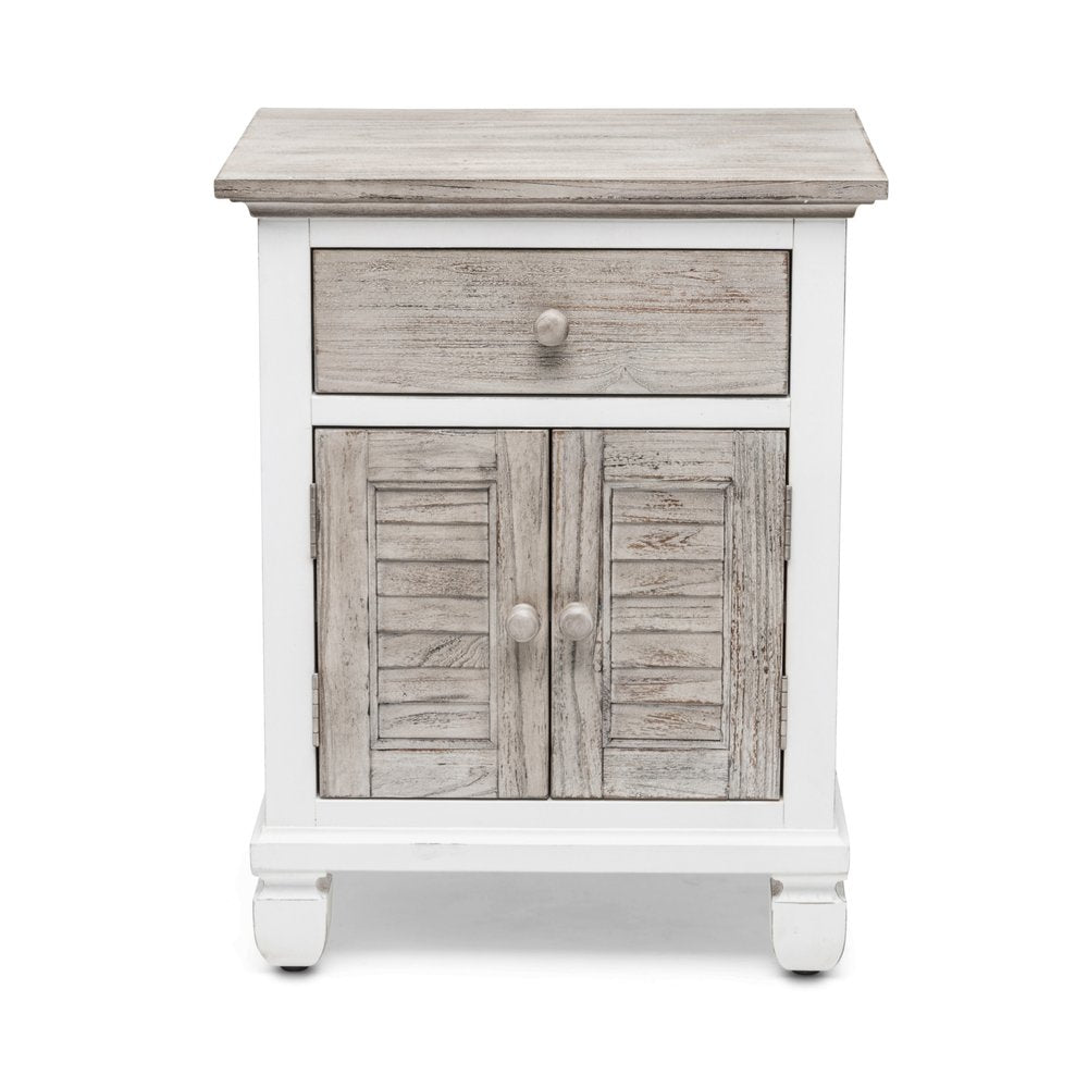 Mesita de noche de madera maciza blanca y gris de 28" con un cajón y USB