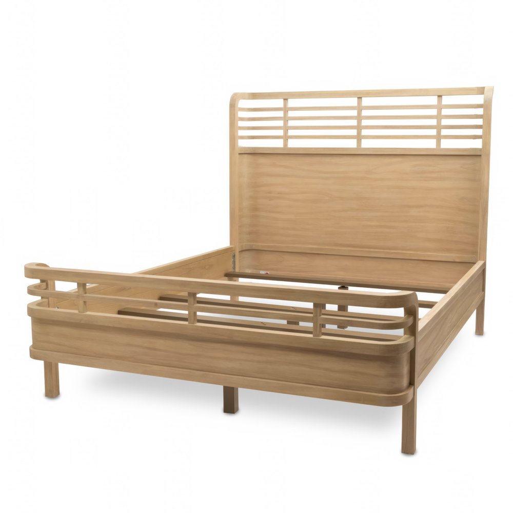 Marco de cama tamaño queen de madera maciza tallada con diseño geométrico en marrón