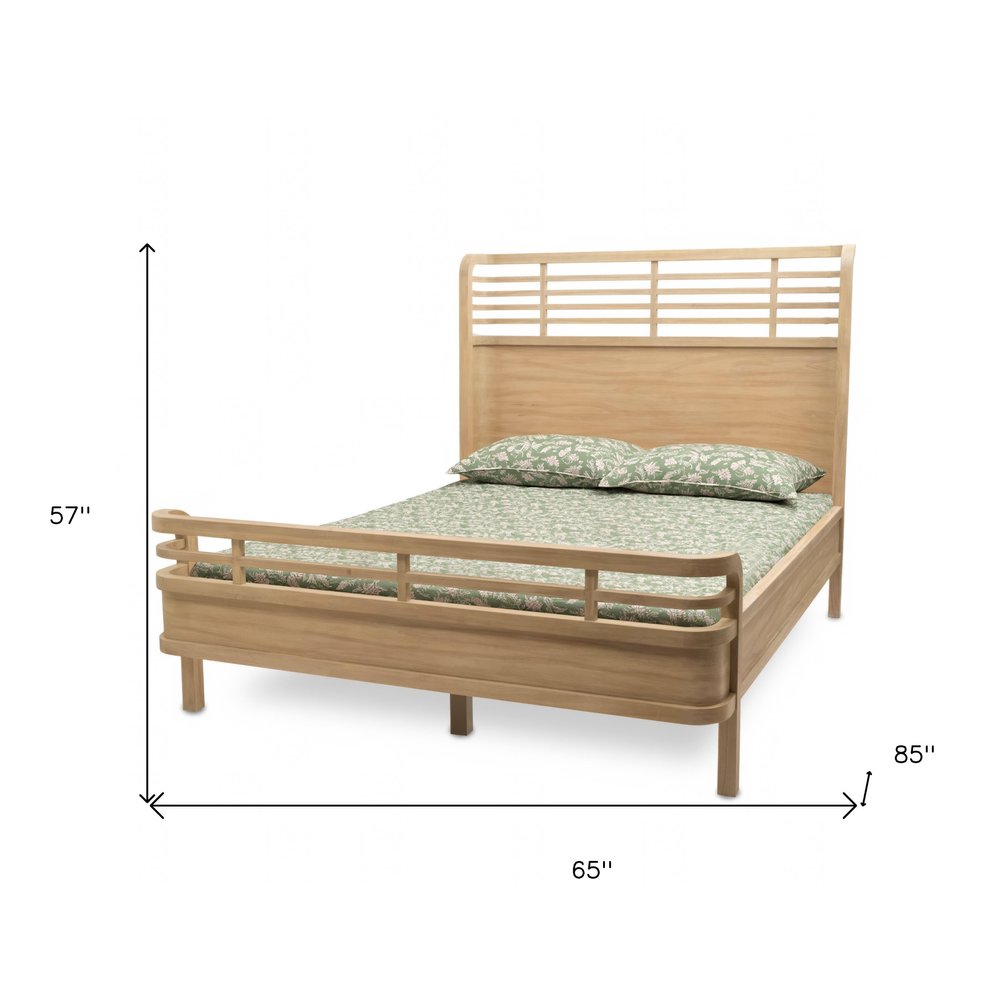 Marco de cama tamaño queen de madera maciza tallada con diseño geométrico en marrón