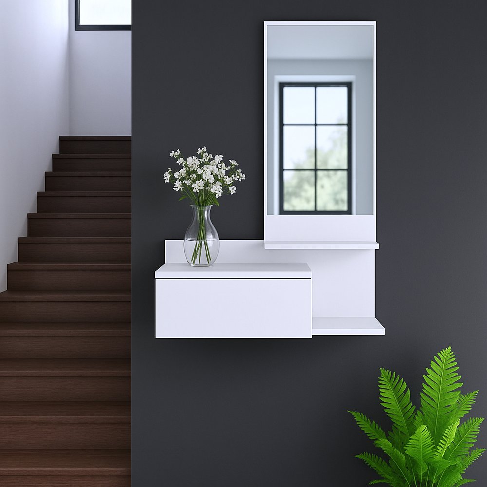 36" White Wood Wall Mounted Accent Cabinet With Drawer And Mirror