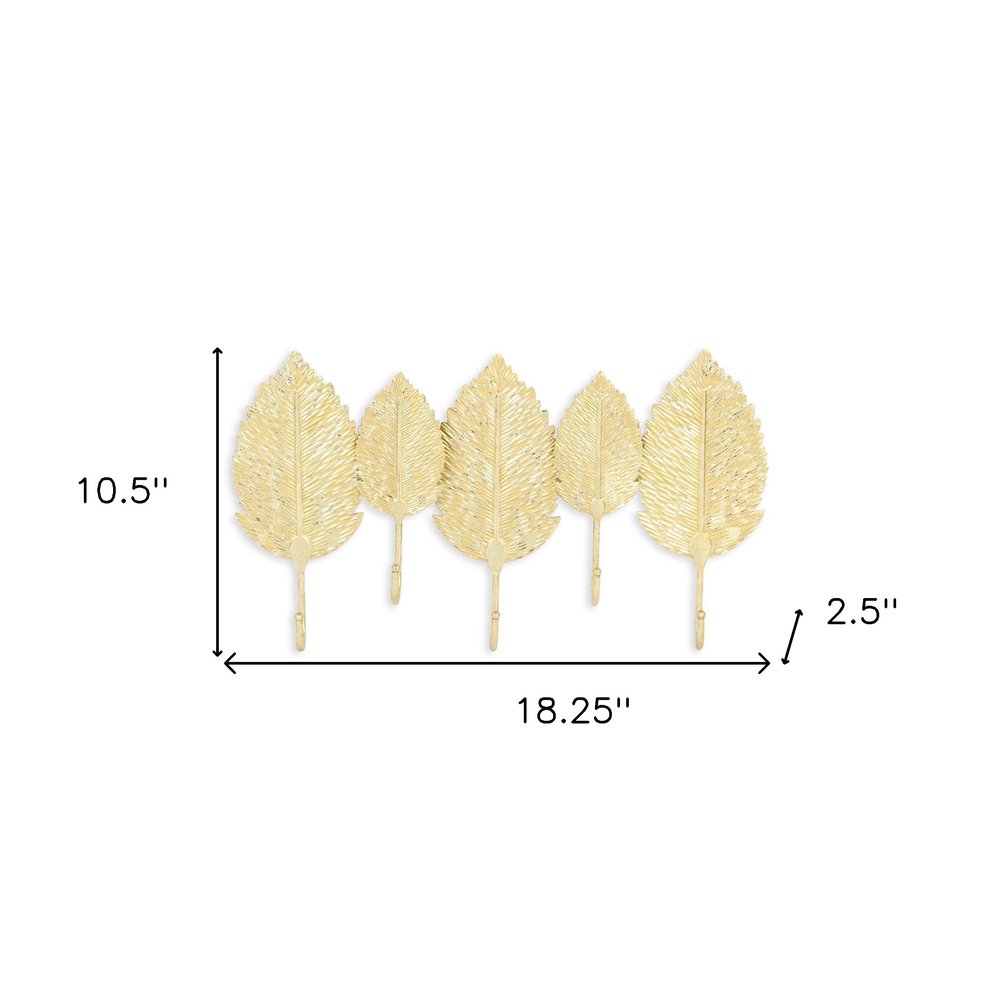 Perchero de pared de aluminio dorado de 18" con cinco ganchos y diseño de hojas