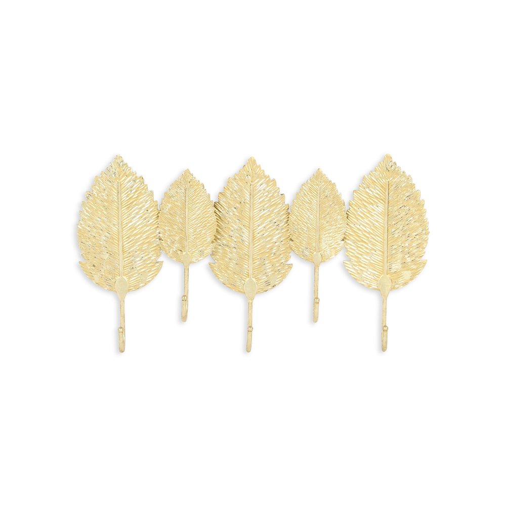 Perchero de pared de aluminio dorado de 18" con cinco ganchos y diseño de hojas