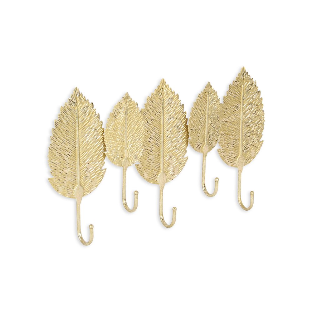 Perchero de pared de aluminio dorado de 18" con cinco ganchos y diseño de hojas