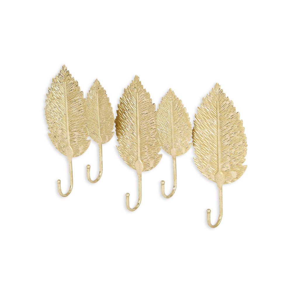 Perchero de pared de aluminio dorado de 18" con cinco ganchos y diseño de hojas