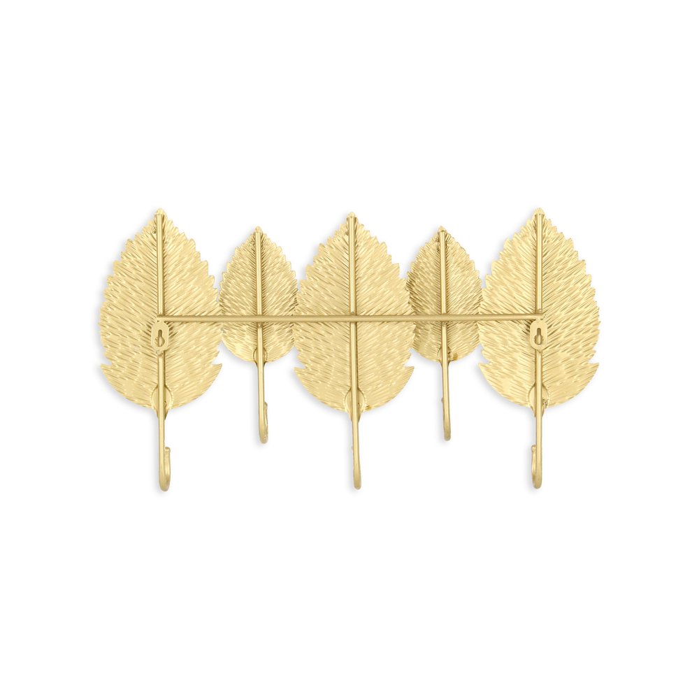 Perchero de pared de aluminio dorado de 18" con cinco ganchos y diseño de hojas
