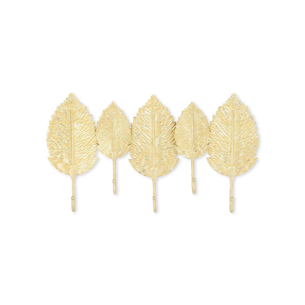 Perchero de pared de aluminio dorado de 18" con cinco ganchos y diseño de hojas