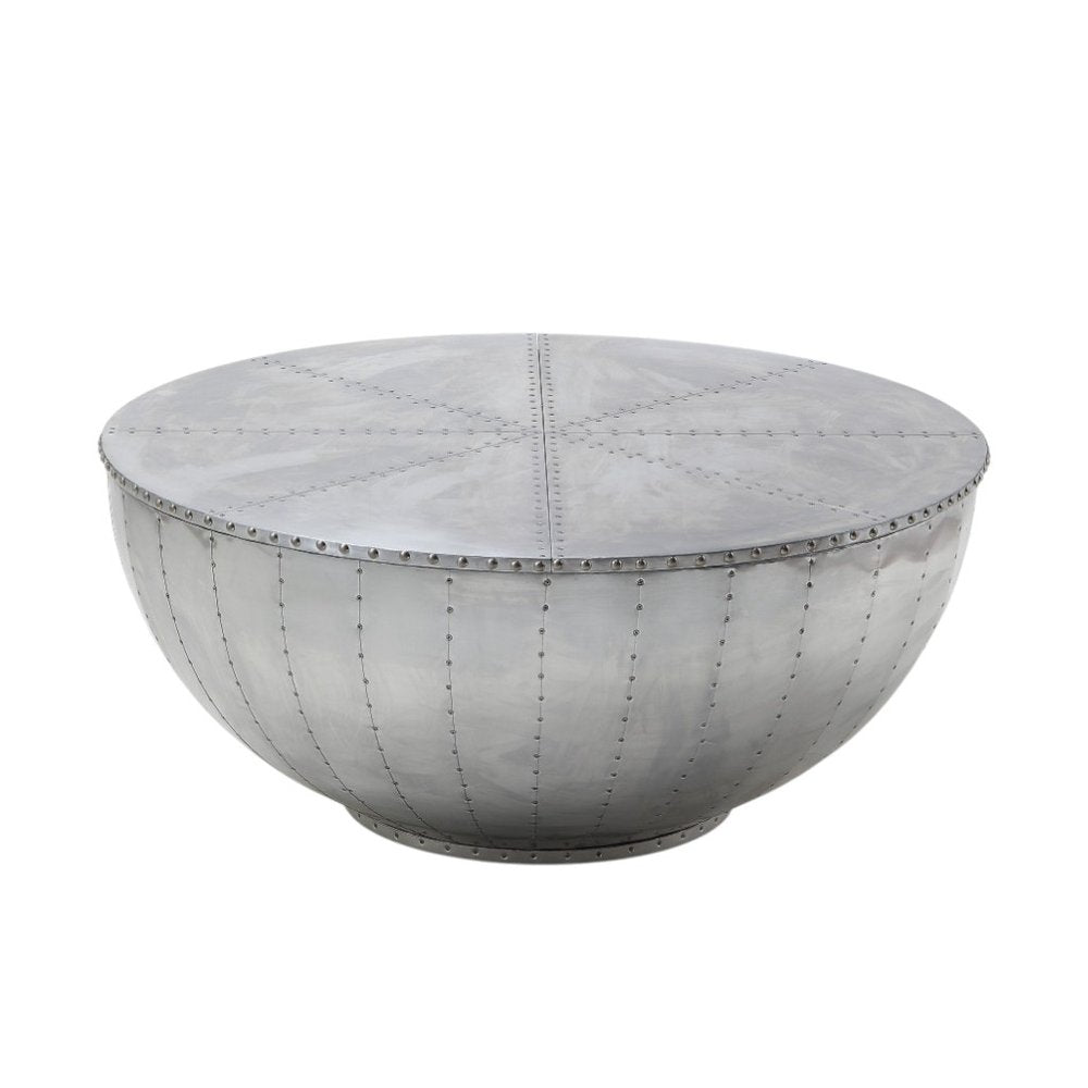 39" Silver Aluminum Aviator Round Drum Coffee Table