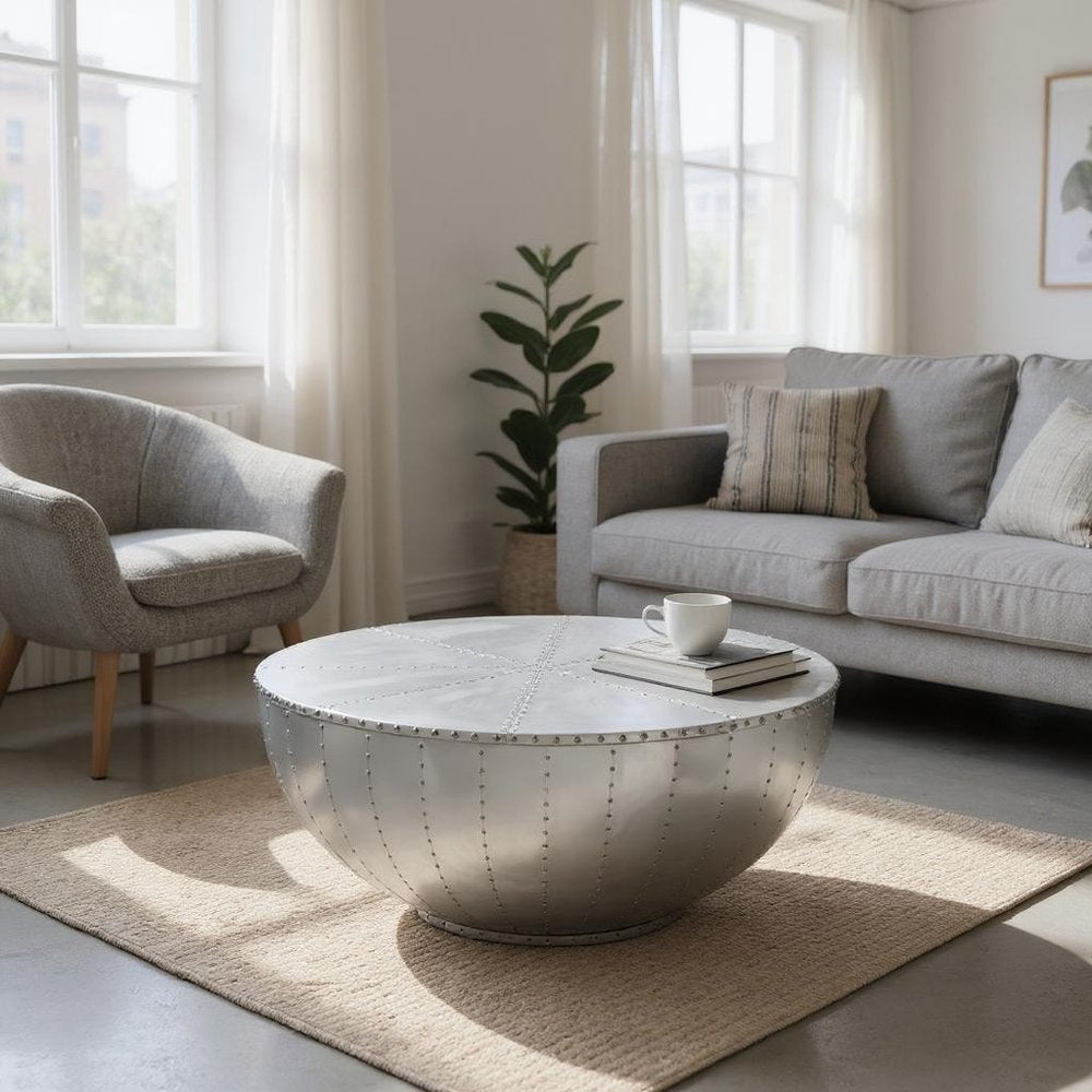 39" Silver Aluminum Aviator Round Drum Coffee Table