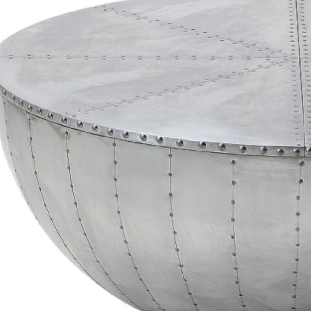 39" Silver Aluminum Aviator Round Drum Coffee Table