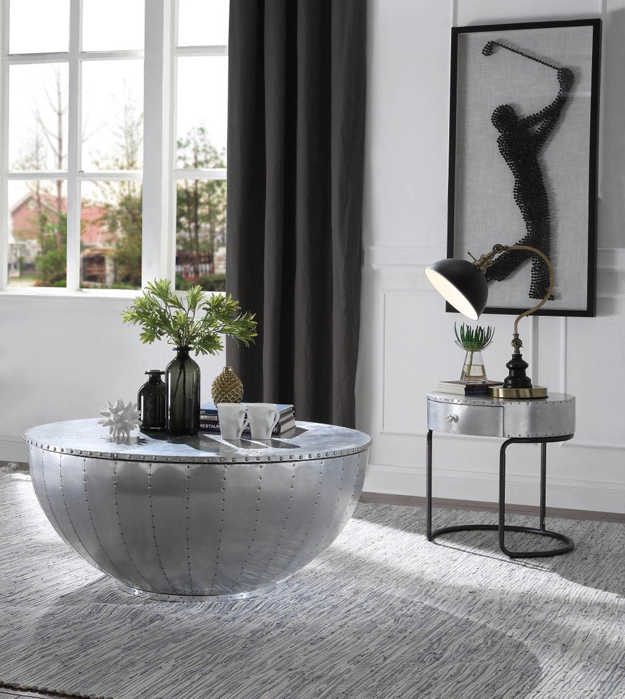39" Silver Aluminum Aviator Round Drum Coffee Table