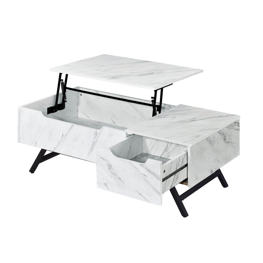48" White and Black Wood and Steel Lift Top Coffee Table With Drawer
