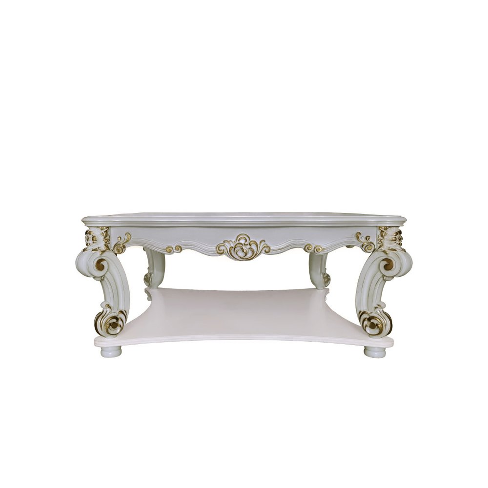 58" Ivory and Gold Wood Square Coffee Table With Shelf