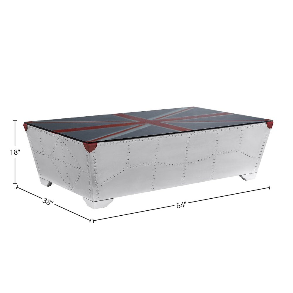 64" Silver Navy Blue And Red Union Jack Aviator Coffee Table