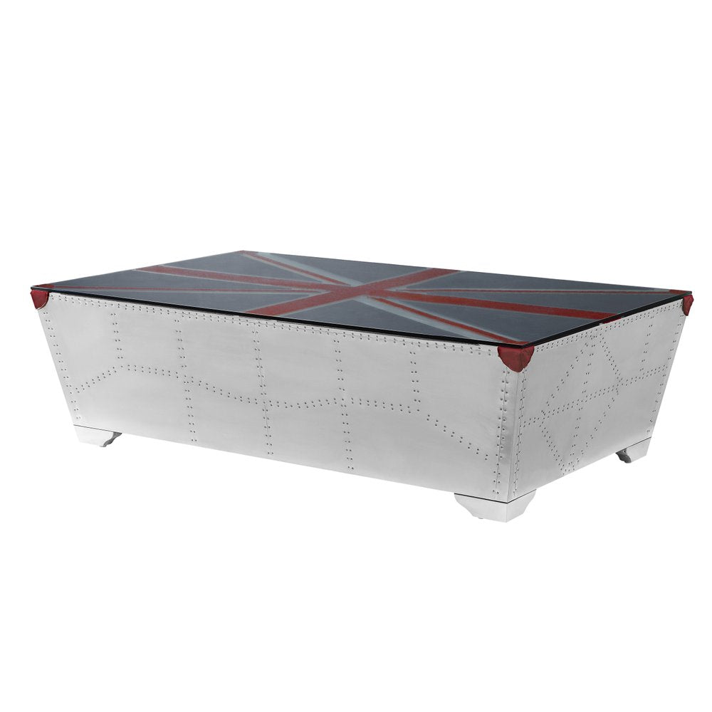 64" Silver Navy Blue And Red Union Jack Aviator Coffee Table