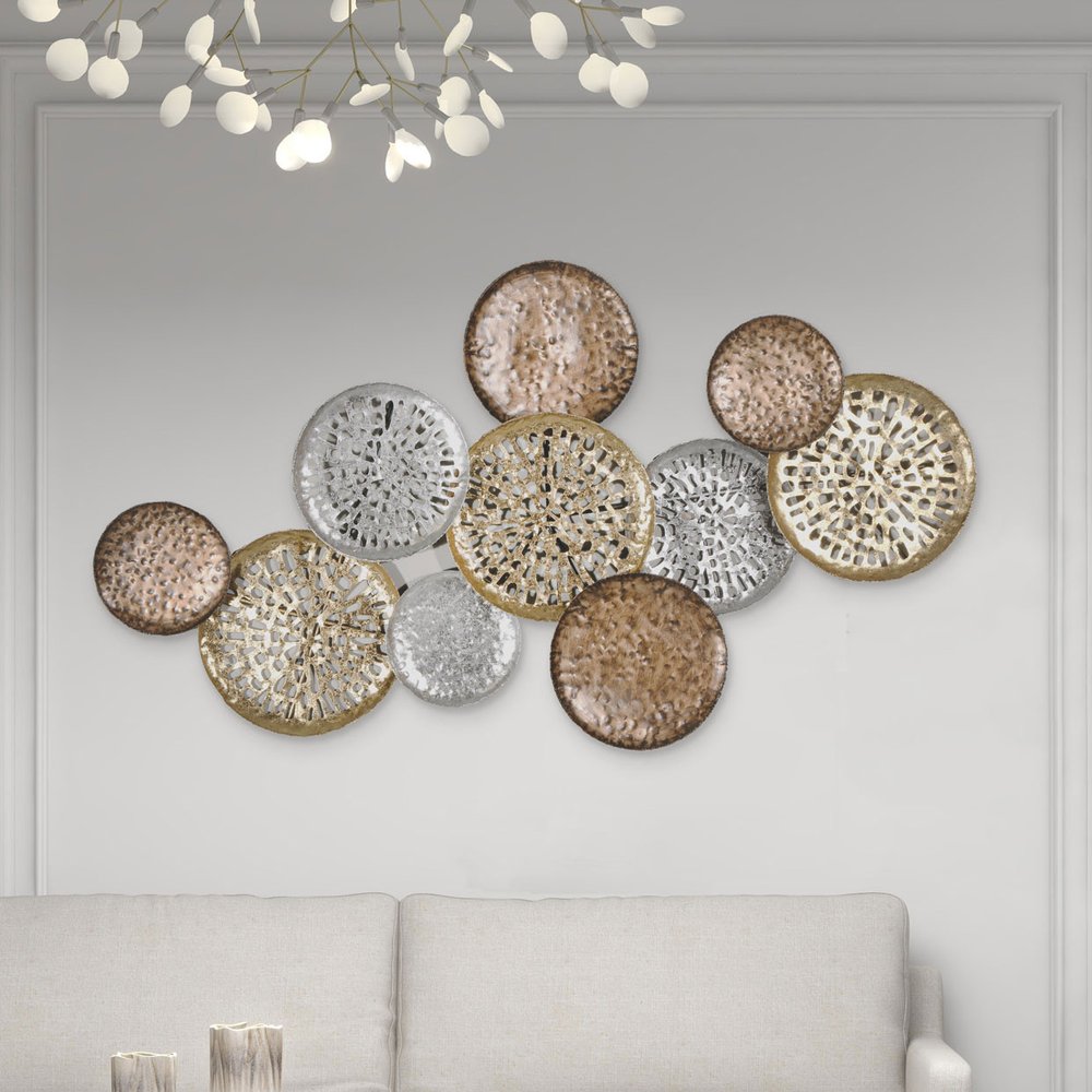33" X 60" Bronze Gold and Silver Metal Round Disc Hanging Dimensional Sculpture