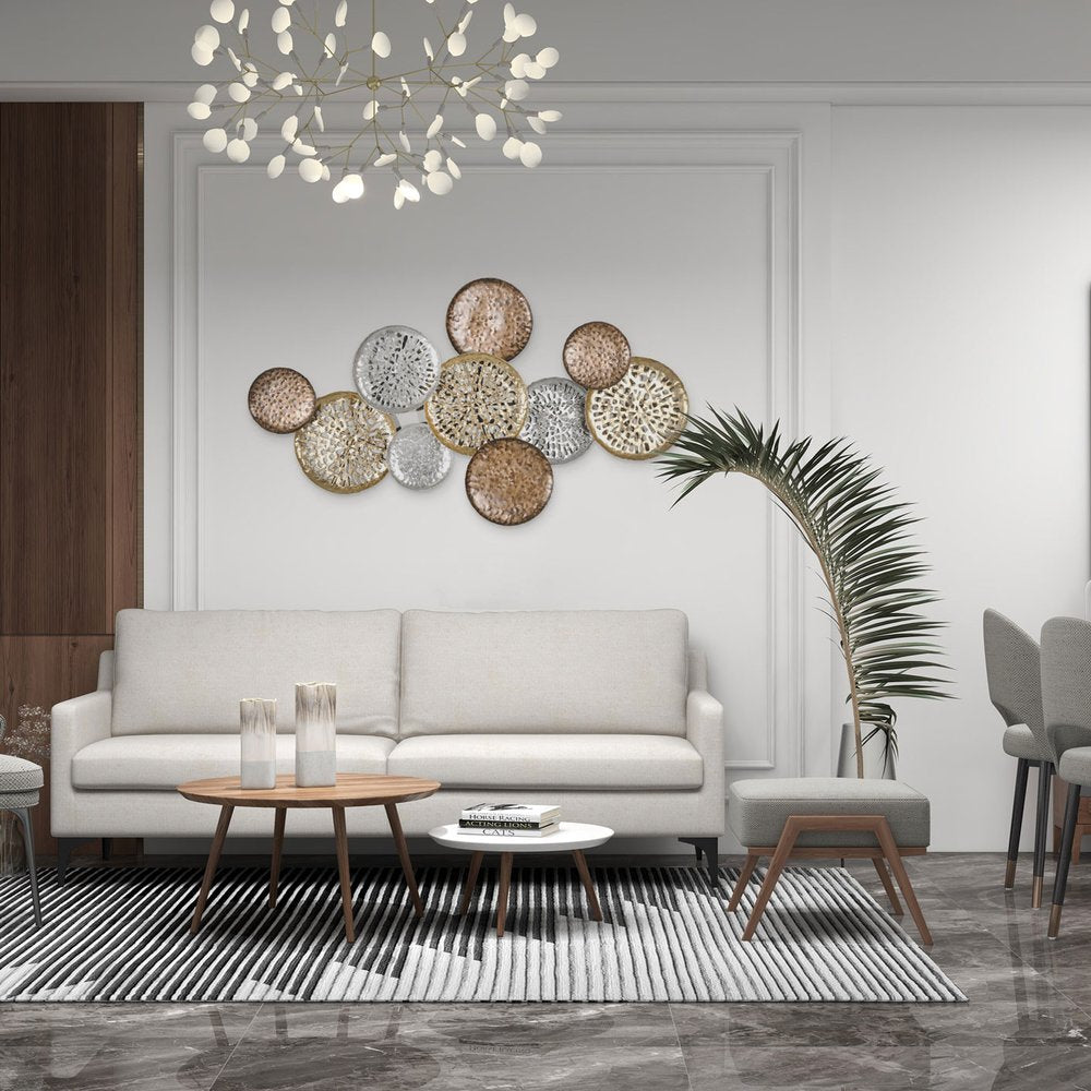 33" X 60" Bronze Gold and Silver Metal Round Disc Hanging Dimensional Sculpture