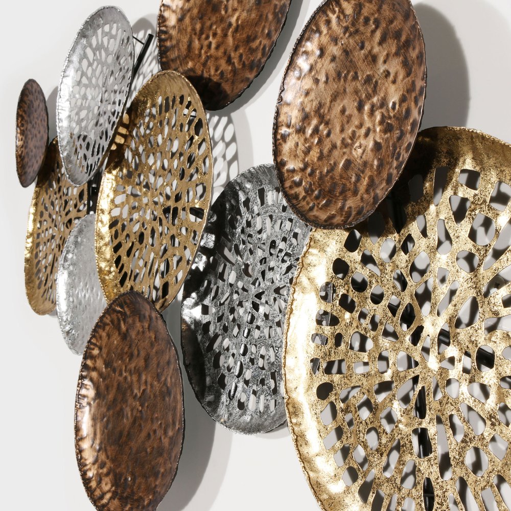 33" X 60" Bronze Gold and Silver Metal Round Disc Hanging Dimensional Sculpture