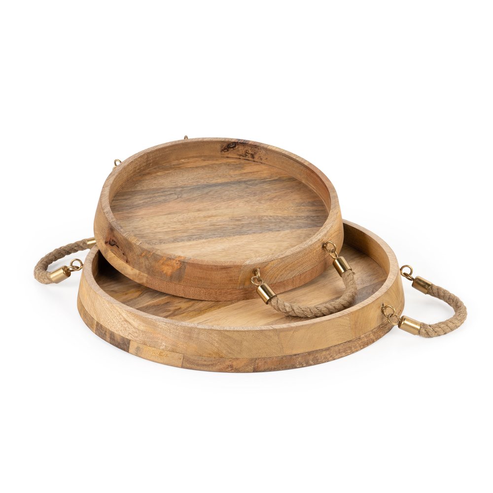 Juego de dos bandejas redondas de madera maciza marrón con asas