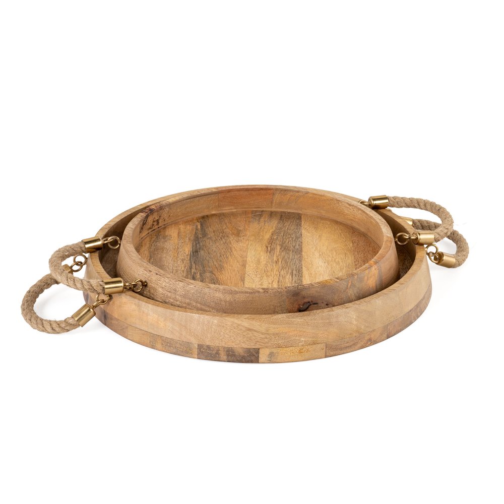 Juego de dos bandejas redondas de madera maciza marrón con asas