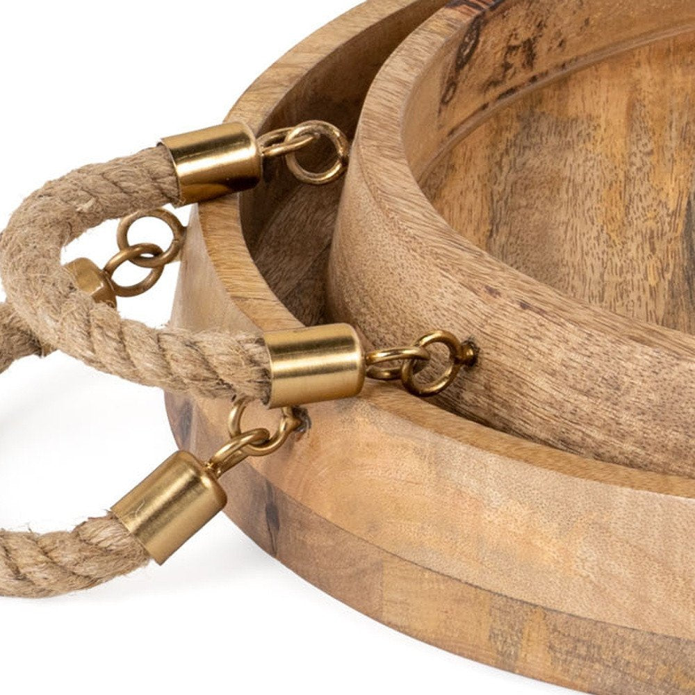 Juego de dos bandejas redondas de madera maciza marrón con asas