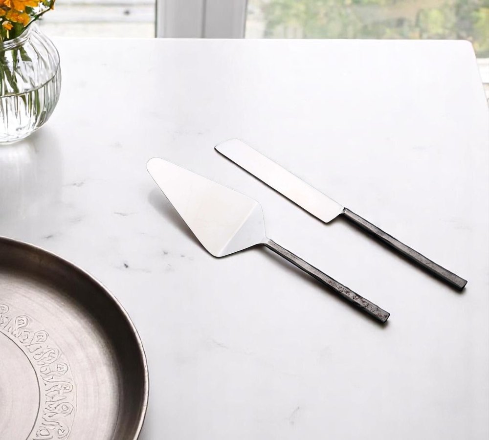 Hammered Silver Stainless Steel Two Piece Hand Forged Cake Knife