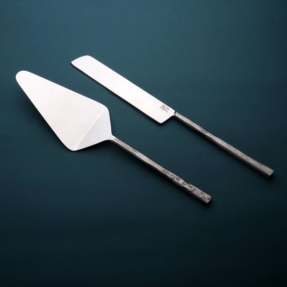 Hammered Silver Stainless Steel Two Piece Hand Forged Cake Knife