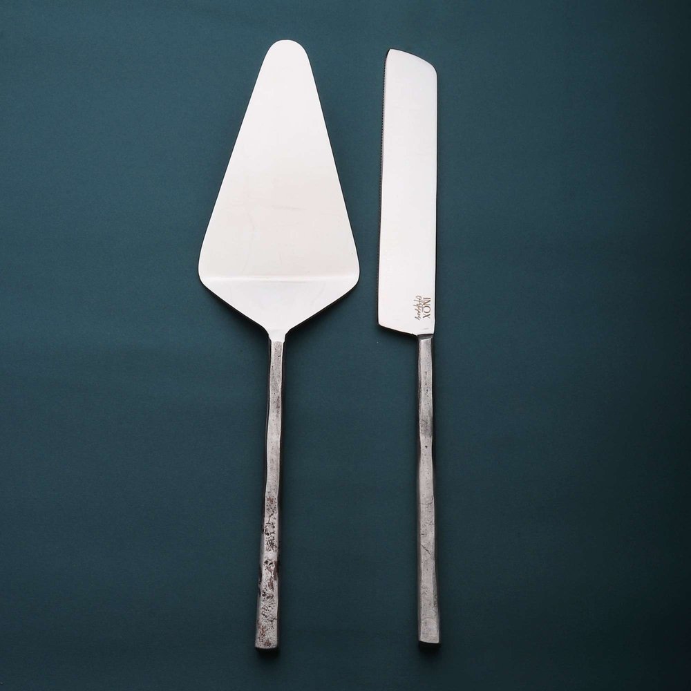 Hammered Silver Stainless Steel Two Piece Hand Forged Cake Knife