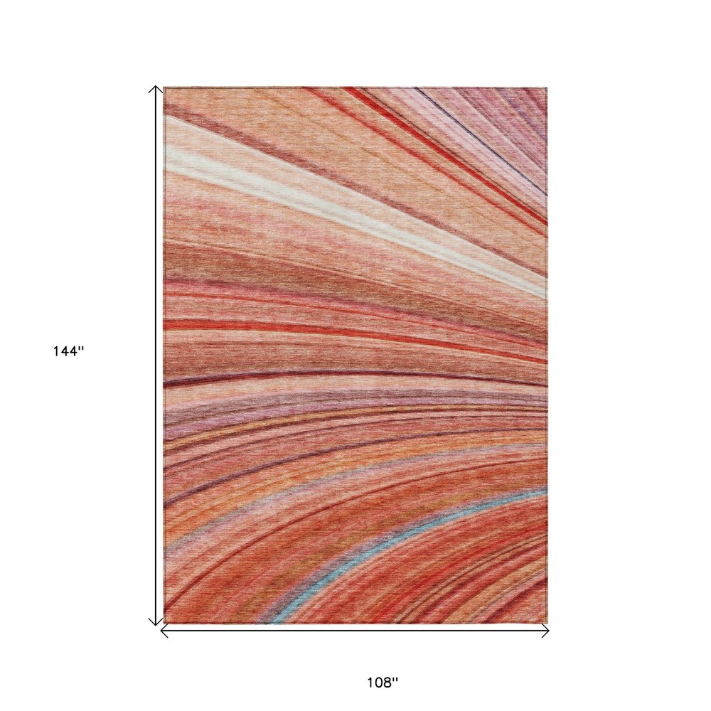 9' X 12' Terra Cotta Salmon And Orange Striped Washable Indoor Outdoor Area Rug