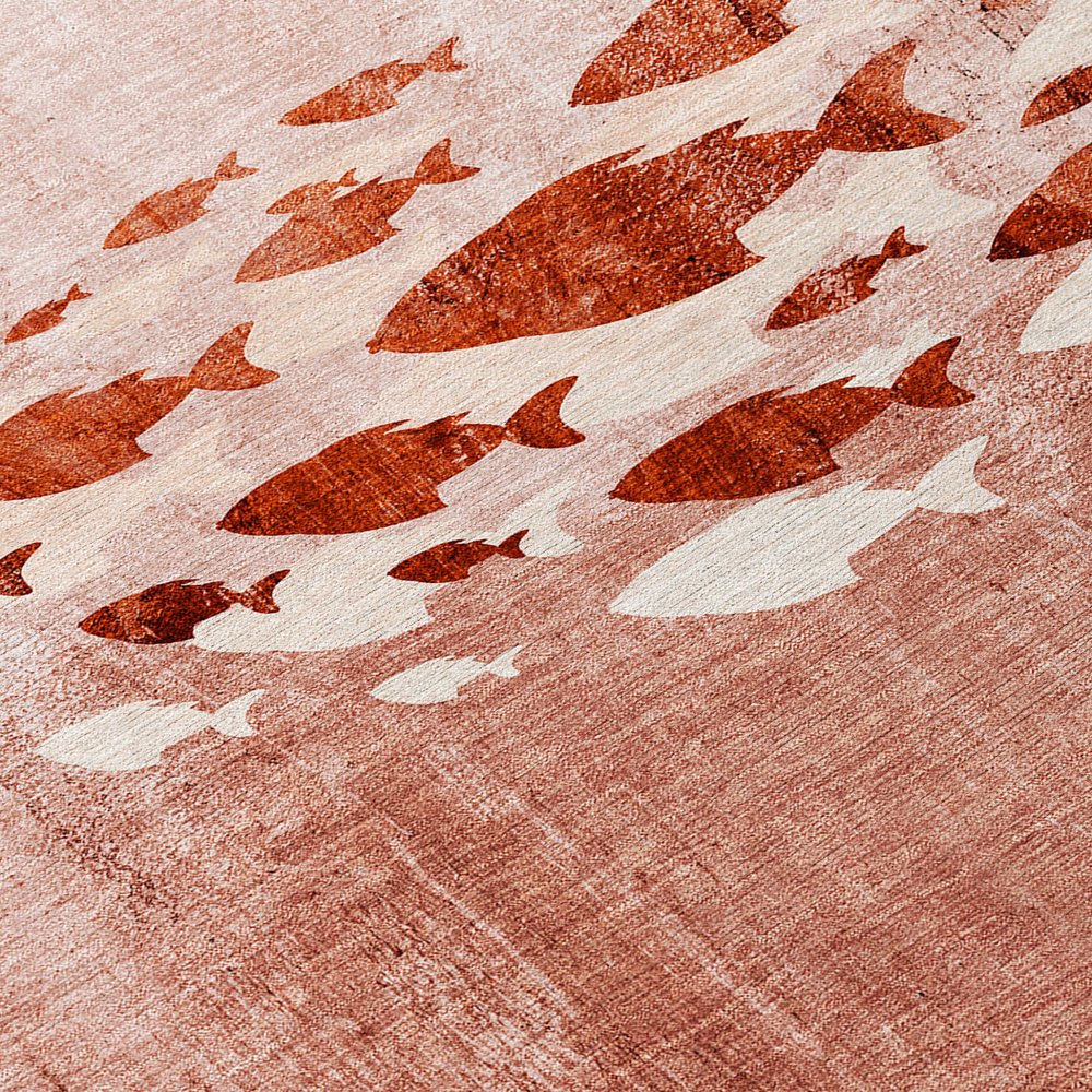 9' X 12' Terra Cotta Copper And Ivory Nautical Washable Indoor Outdoor Area Rug