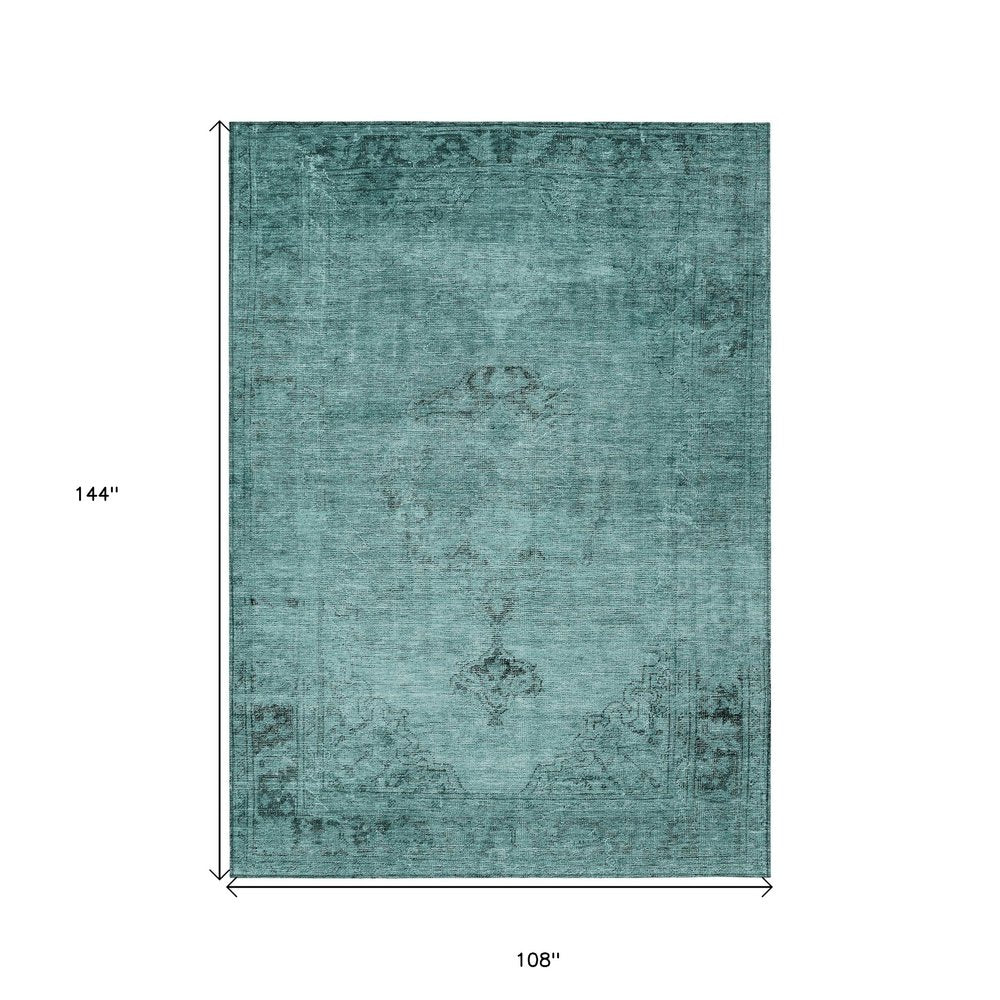 9' X 12' Teal Blue Turquoise And Charcoal Oriental Washable Indoor Outdoor Area Rug