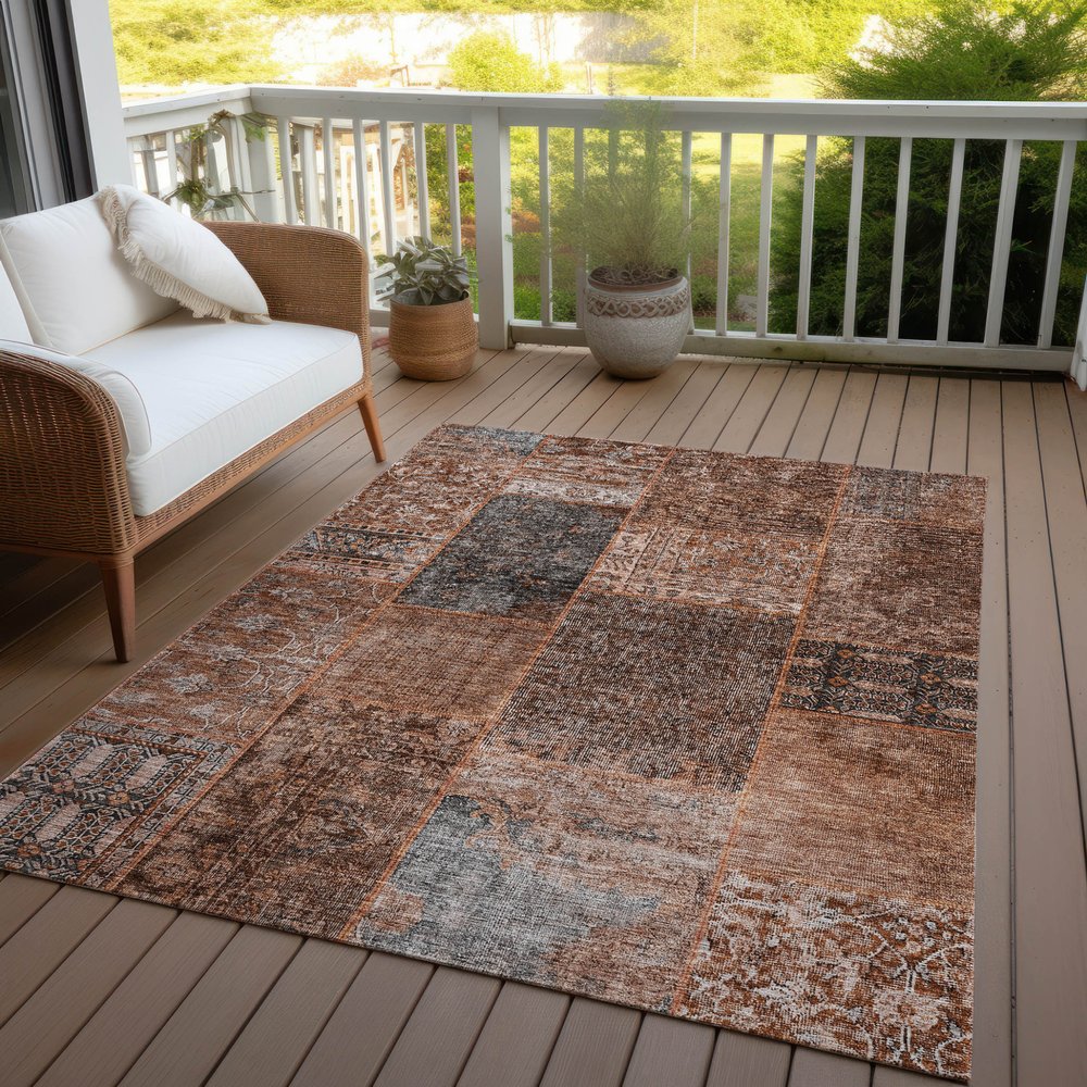 9' X 12' Terra Cotta Copper And Charcoal Patchwork Washable Indoor Outdoor Area Rug