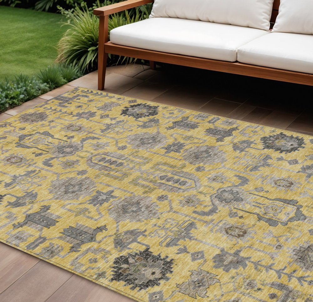 9' X 12' Yellow Gray And Charcoal Oriental Washable Indoor Outdoor Area Rug