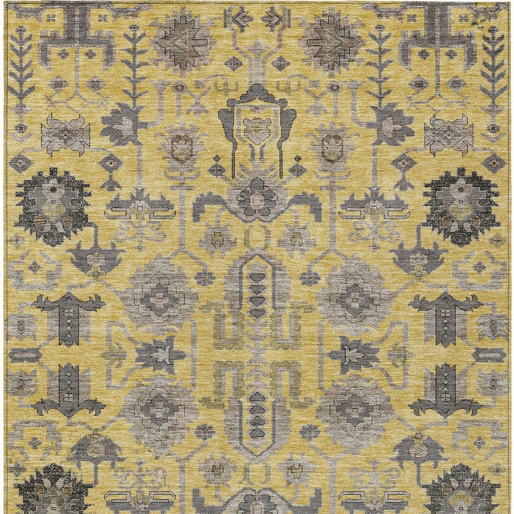 9' X 12' Yellow Gray And Charcoal Oriental Washable Indoor Outdoor Area Rug