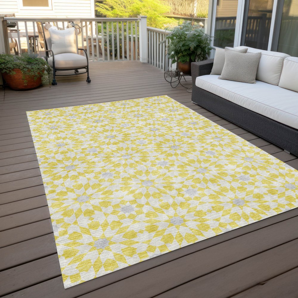 9' X 12' Yellow Ivory And Gray Floral Medallion Washable Indoor Outdoor Area Rug