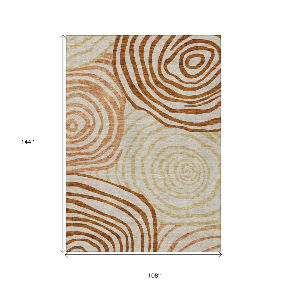 9' X 12' Terra Cotta Copper And Gold Abstract Washable Indoor Outdoor Area Rug
