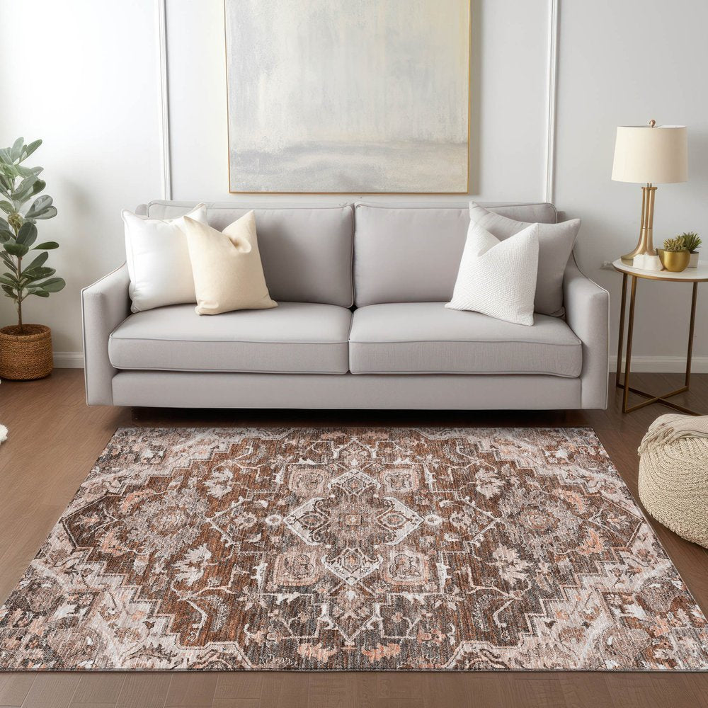 9' X 12' Terra Cotta Brown And Copper Oriental Washable Indoor Outdoor Area Rug