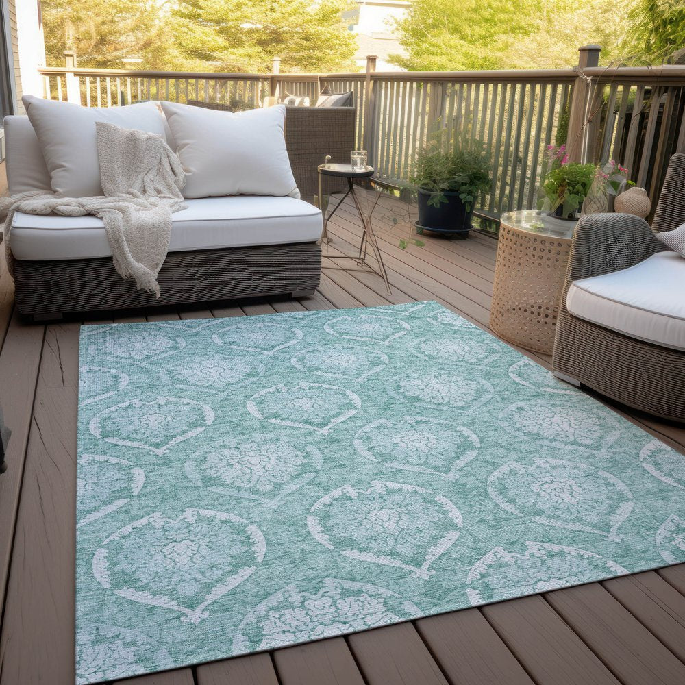 9' X 12' Turquoise Teal Blue And Ivory Medallion Washable Indoor Outdoor Area Rug