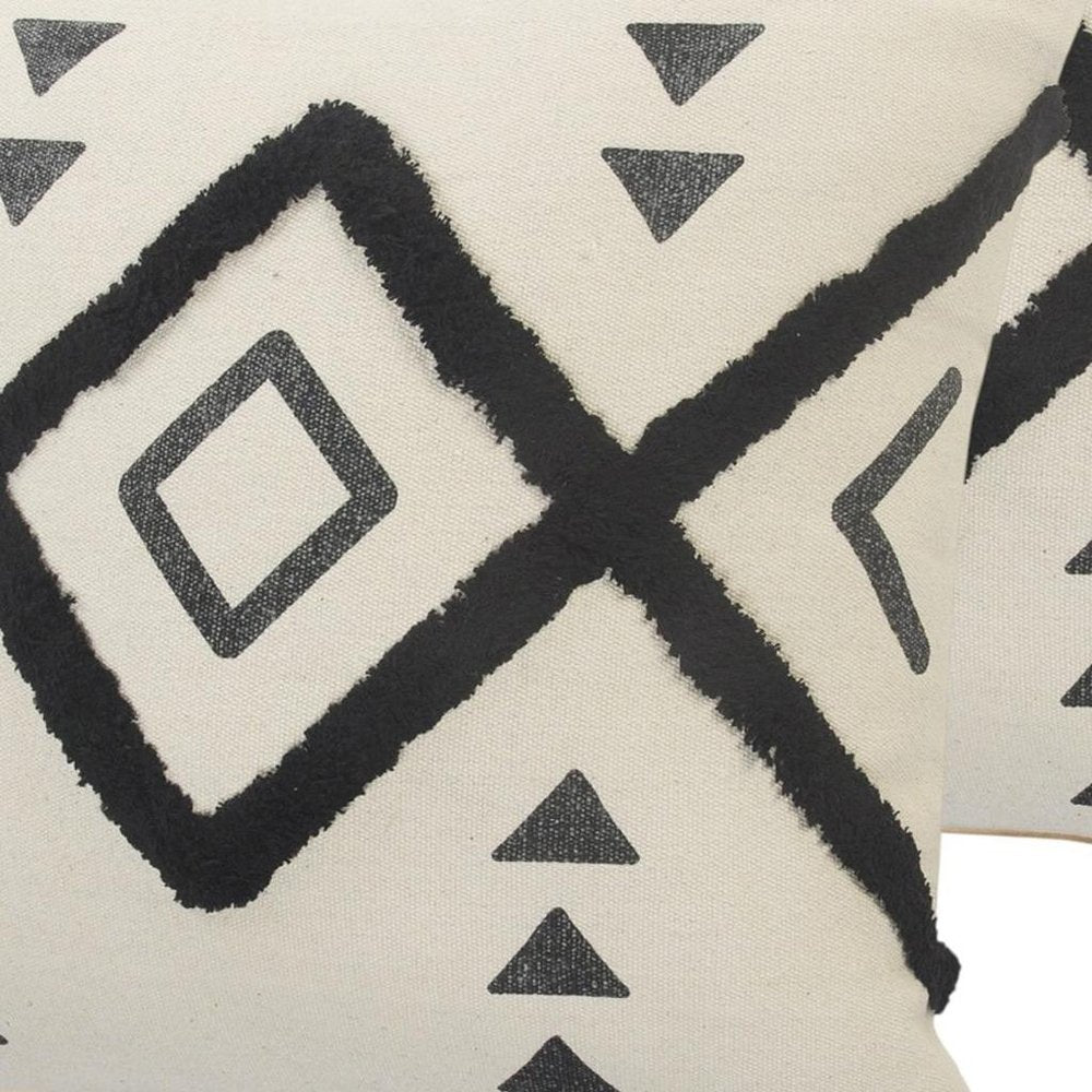 Set of Two 20" Natural And Black Geometric Cotton Throw Pillows with Texture
