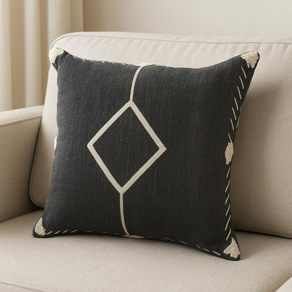 Set of Two 20" Black And Off White Diamond Cotton Throw Pillows
