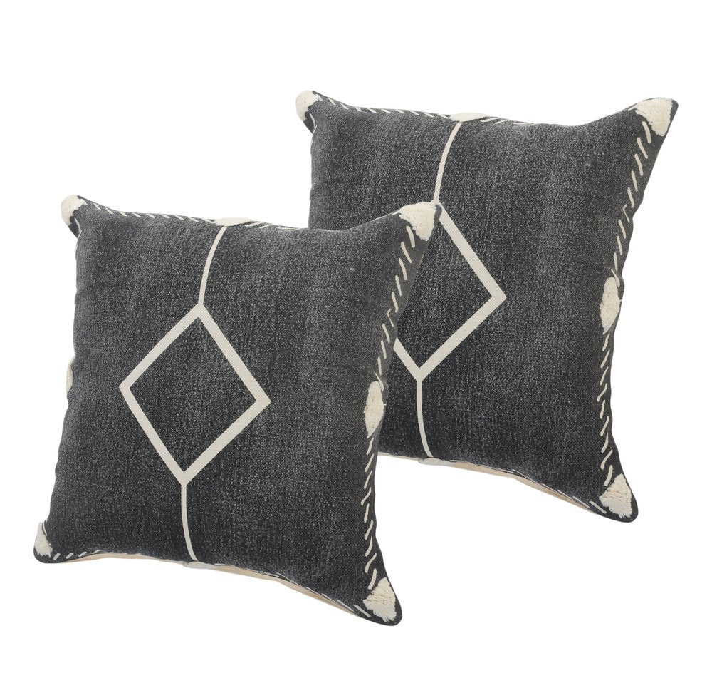 Set of Two 20" Black And Off White Diamond Cotton Throw Pillows